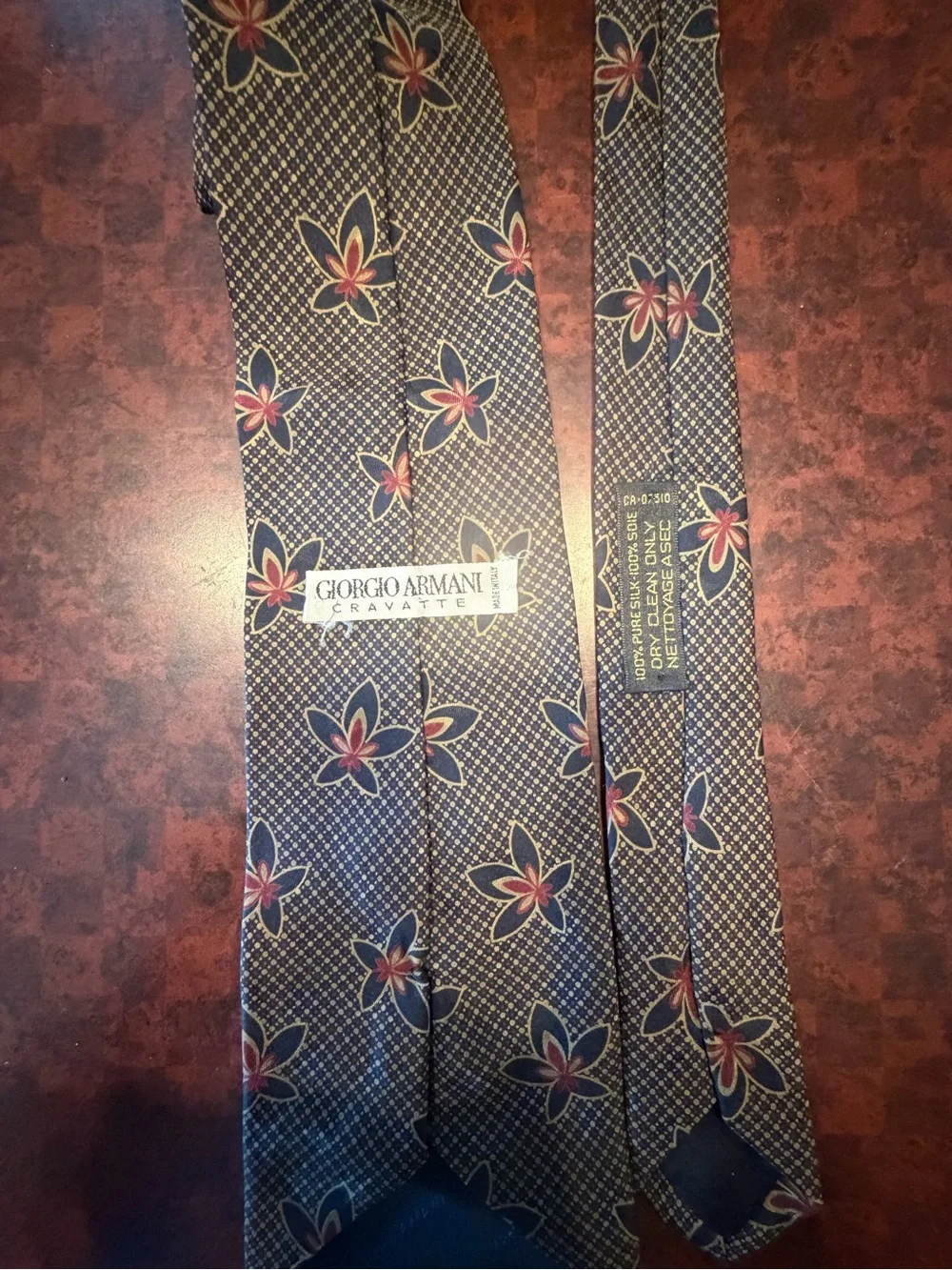 Giorgio Armani Navy Silk Tie with Red and Cream Floral Motif